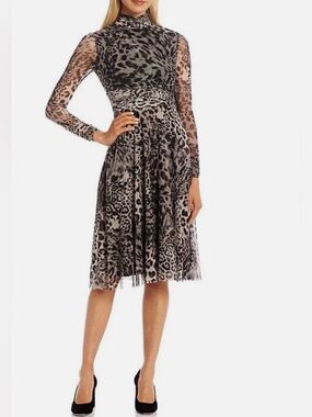Eliza J Gray Leopard-Print Long Sleeve Mesh overlay Midi Dress